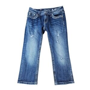 Miss Me Signature Cuffed Capri Jeans Size 29 Distressed Embroidered Rhinestones
